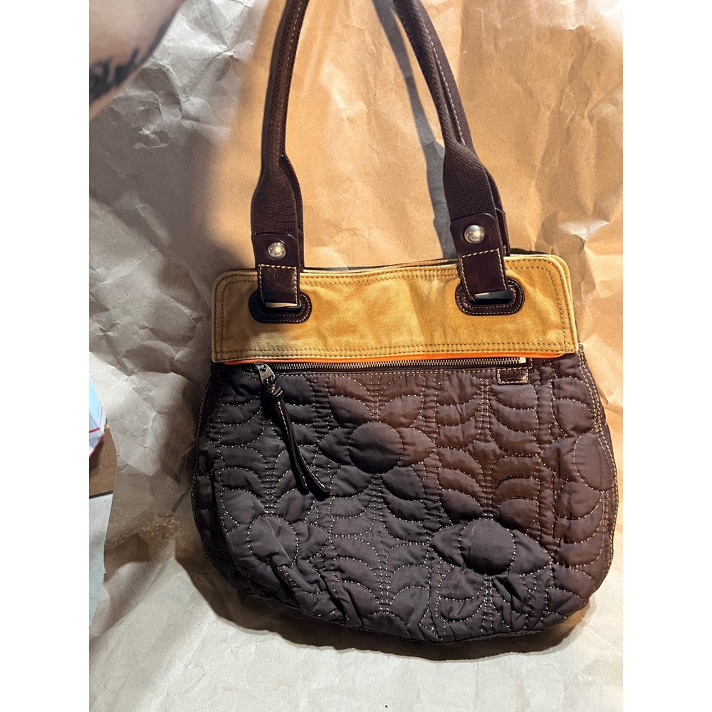 Fossil Medium Key-Per Shoulder Bag Brown Quilted Floral Canvas Trim Boho Retro
